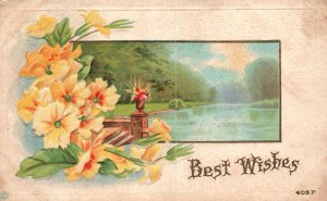 Vintage Postcard 1922 Best Wishes Yellow Petals Landscape Design Souvenir Card