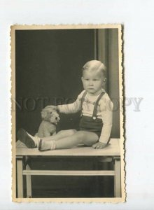438412 Blonde Boy w/ DOG TOY old REAL PHOTO