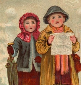 1870s-80s Victorian Christmas Card Marcus Ward & Co. Children Carolers &L