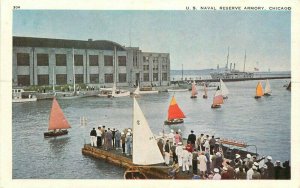 Chicago Illinois US Naval Reserve Armory Sailboats 1940s Postcard 21-3062