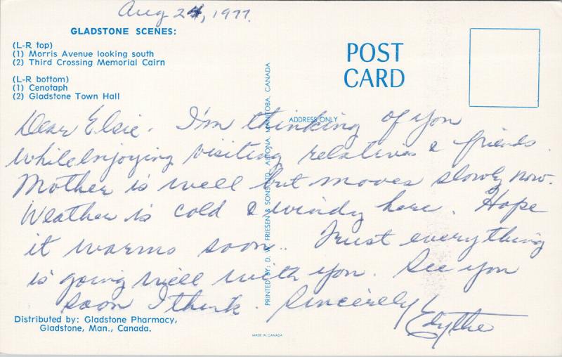 Gladstone Manitoba MB Multiview Morris Ave Town Hall c1977 Postcard D85