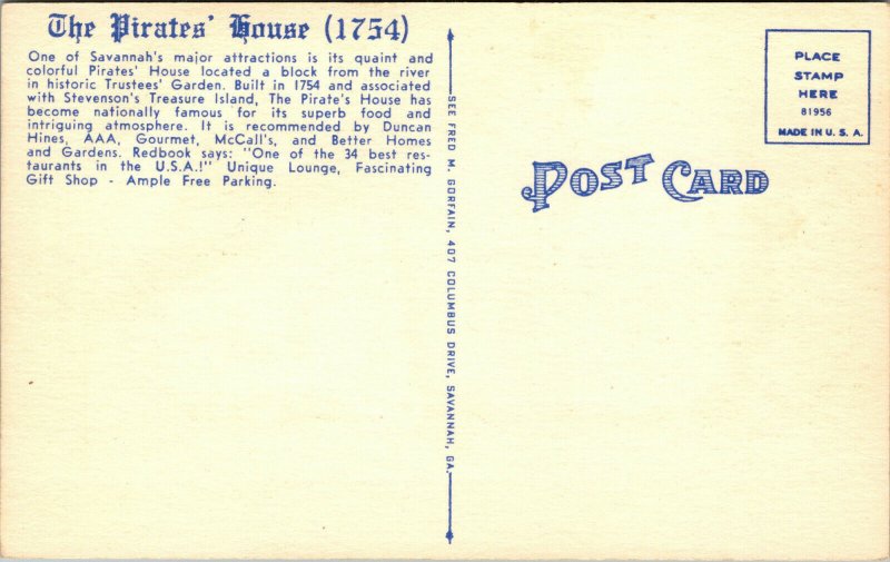 Vtg Savannah Georgia GA Pirates House Restaurant 1940s Unused Linen Postcard