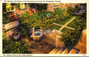 Fountain Of Youth Spring & Cross Landmark St Augustine Florida Linen Postcard 