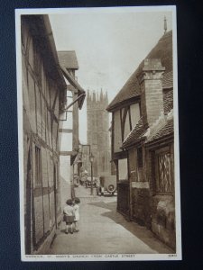 Warwick ST. MARY'S CHURCH from Castle Street & THE GOLDEN CUP INN - Old Postcard