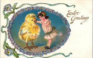 EASTER GREETING Embossed Postcard Cute GIRL & Giant Baby Chick Nice DESIGN 1909