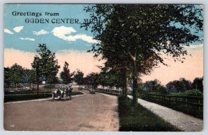 1910's GREETINGS FROM OGDEN CENTER MICHIGAN OLD CARS ANTIQUE POSTCARD