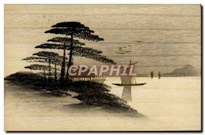 Old Postcard Japan Nippon wood tree boat