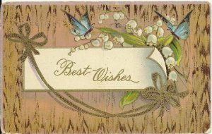 Blue Butterflies and Lily of The Valley Best Wishes Vintage Postcards 1910's