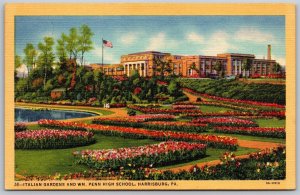 Vtg Harrisburg Pennsylvania PA Italian Gardens & WM Penn High School Postcard
