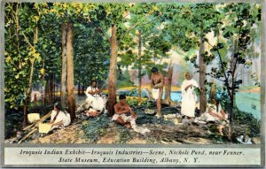 Postcard NY Albany - Iroquois Indian Exhibit Iroquois Industries Nichols Pond