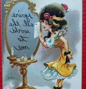 Victorian Postcard Witch Magic Mirror Dwig Series 30 You're All The World To Me 