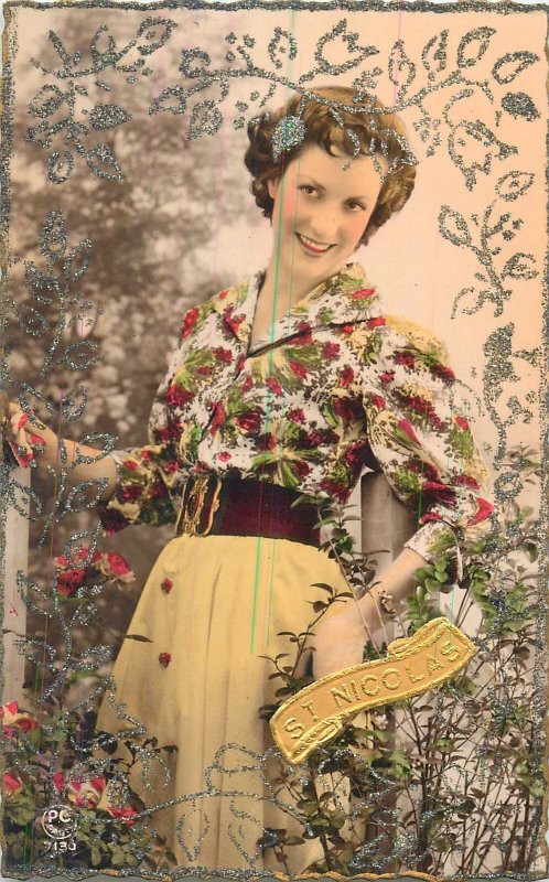 Postcard Fashion st nicolas dress flowers woman glamour beauty lovely smile