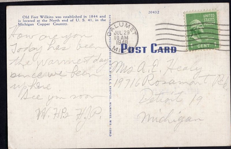 Michigan COPPER HARBOR Old Fort Wilkins on Lake Fanny Hode Keweenaw pm1948 LINEN