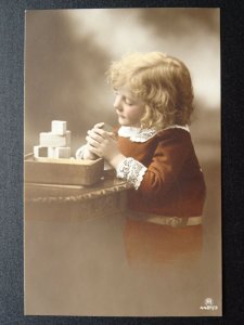 Portrait CHILD PLAYING WITH BUILDING BLOCKS c1905 RP Postcard by R.P.H. 4481/3