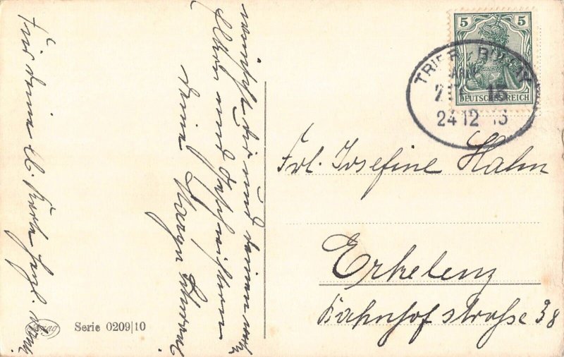 A111 Christmas Greetings 1913 Girls Coats Pine Tree and Present vintage postcard