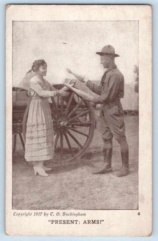 Present Arms Postcard US Army Soldier Romance Wagon c1910's Unposted Antique