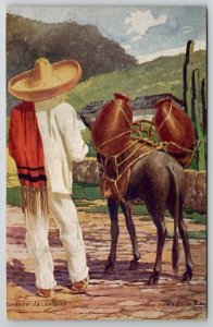 Mexico Tipo Indigena Mexican IndianMan Sombrero With Donkey Artist Postcard R28