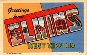 WV West Virginia  ELKINS LARGE LETTER LINEN  Randolph County  ca1940's Postcard