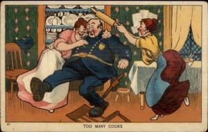 TOO MANY COOKS Women Fight Over Police Officer Cop c1910 Postcard