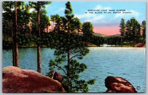 Postcard Custer South Dakota Stockade Lake Pines Sunset Vtg Linen