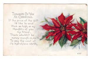 Thoughts Of You At Christmas, Poinsettia, Vintage Greetings Postcard