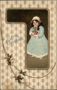 Christmas Little Girl with Flowers Embossed c1910 Vintage Postcard