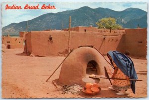 Postcard - Indian woman baking bread at Taos Pueblo, New Mexico