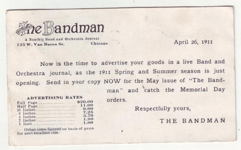 P1103 1911 advertize the bandman monthly band & orchestra journal chiago IL