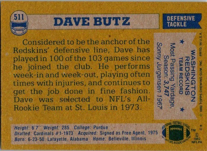 1982 Topps Football Card Dave Butz Washington Redskins sk8964