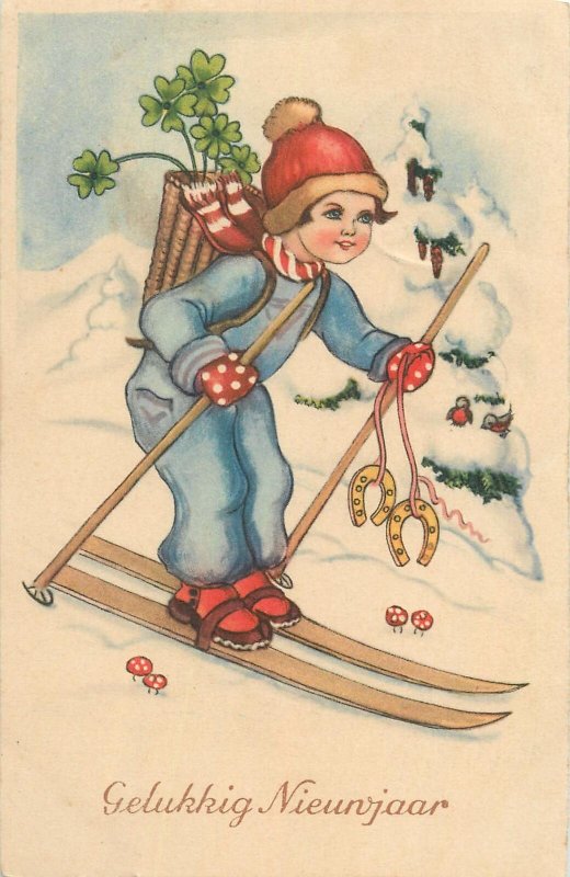 Illustration Postcard Happy New Year young girl skier four leaf clover horseshoe
