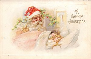 G89/ Santa Claus Christmas Postcard c1910 Girls Bed Holly Beautiful 7