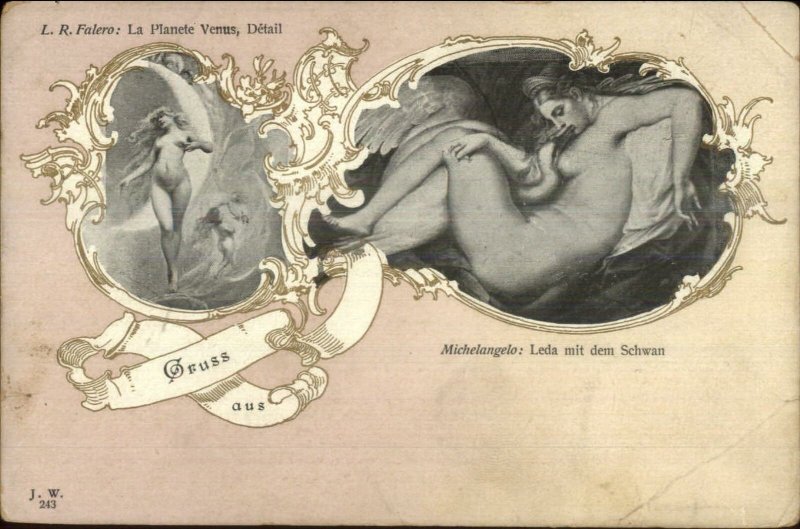 Michelangelo Leda mi dem Schwan Nude Woman Art Nouveau Gruss Aus Postcard