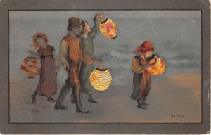 Lot173  artist signed postcard barham s 20/40 children with lantern uk