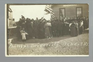 Ringwood OKLAHOMA RPPC 1910 DEPOT TRAIN STATION Crowd Flag nr Enid Fairview Meno