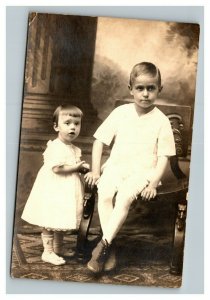 Vintage 1910's RPPC Postcard - Studio Portrait of Two Small Children - NICE