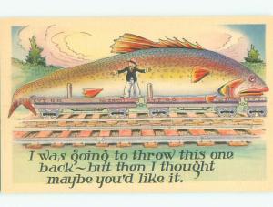 Unused Linen comic fishing FISH SO BIG IT NEEDS TWO TRAIN CARS k3965