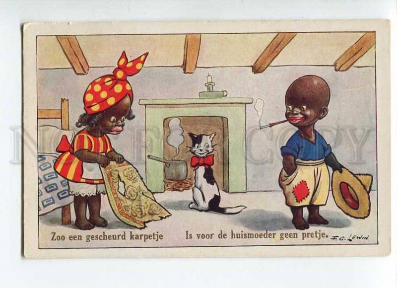 264914 BLACK AMERICANA Kids SMILING CAT by FG LEWIN vintage PC