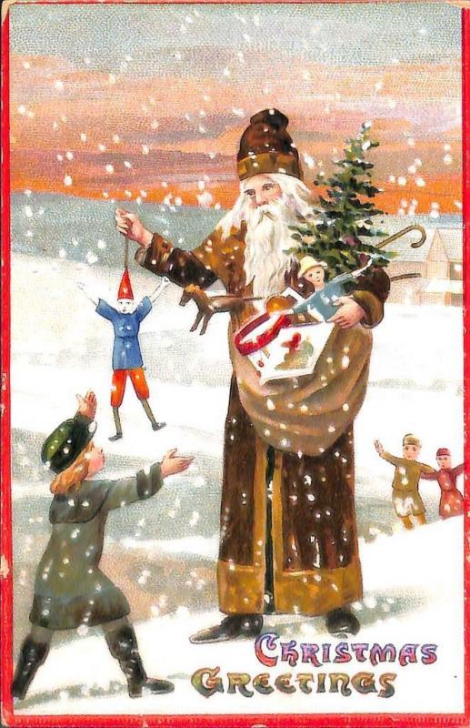 Christmas Brown Suited Santa Claus Puppets Embossed Postcard