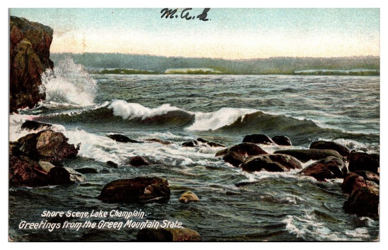 1906 Shores Lake Champlain, Greetings from the Green Mountain State, VT Postcard