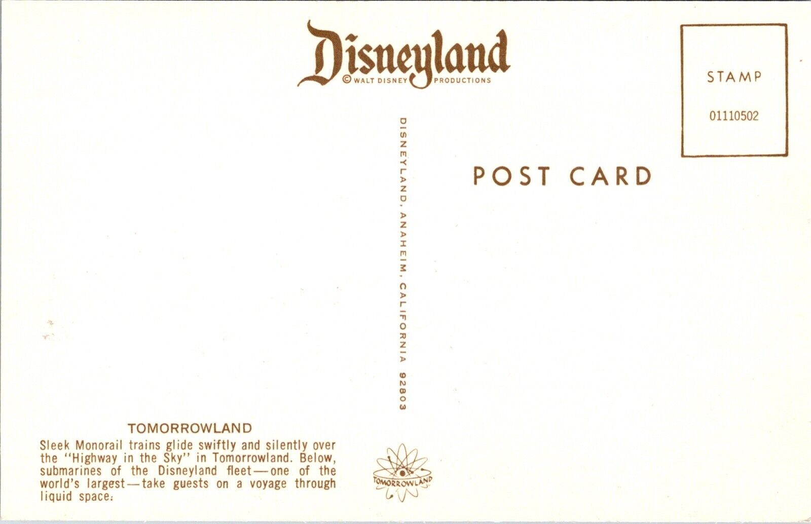 Disneyland Postcard Sleek Monorail Train and Submarine Ride in ...