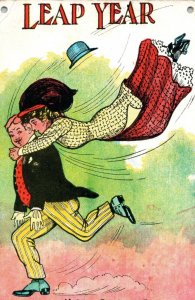 C. 1910 Leap Year Comical Couple Woman Leaping Greeting Vintage Postcard P98