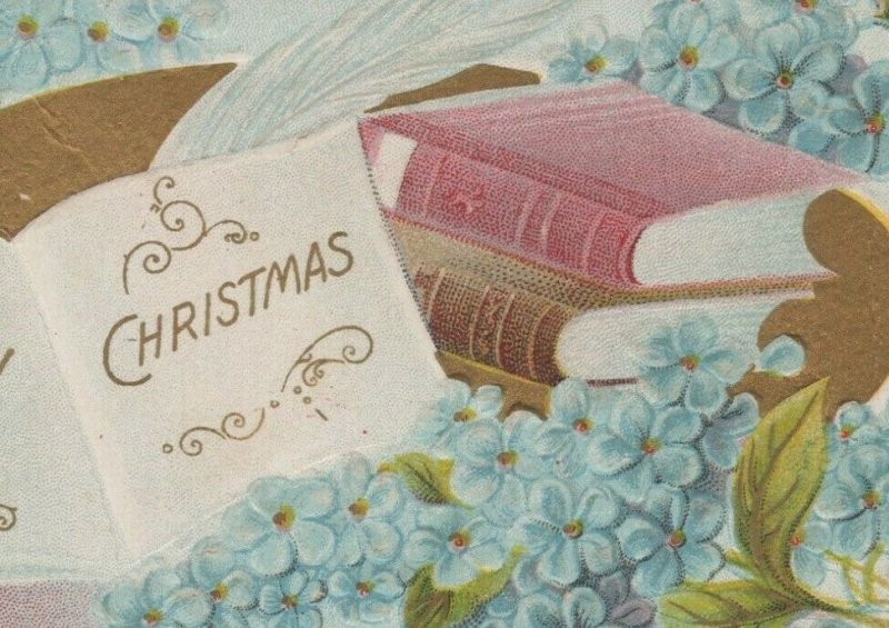 Christmas Winsch back books pen blue flowers gilt embossed postcard A838 