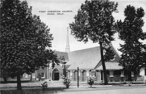 Hugo Oklahoma~First Christian Church~Flowering Bushes in Front~1940s B&W Linen