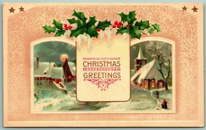 Christmas Greetings Holly Full Moon Small Town Scene UNP 1915 DB Postcard G12