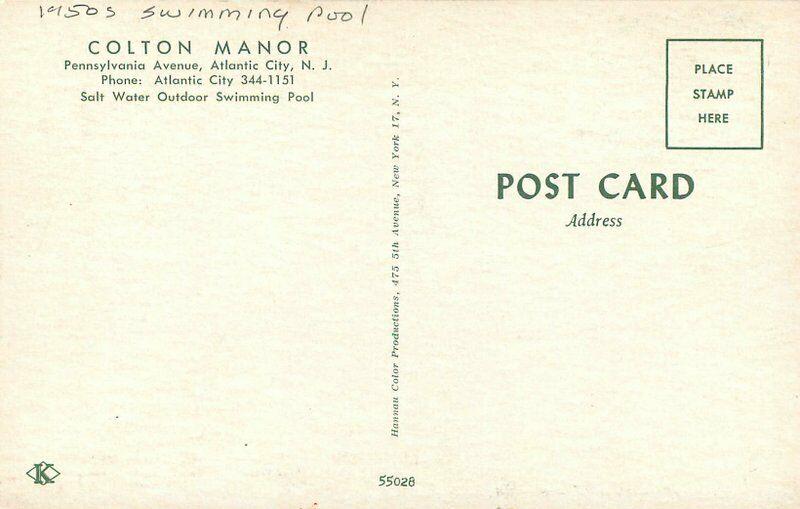 Atlantic City New Jersey Colton Manor 1950s Swimming Pool Postcard pool 1599