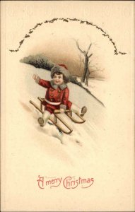 Christmas Little Boy Sledding c1910 Vintage Postcard