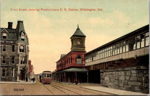 Front Street Showing Pennsylvania Railroad Station Wilmington DE Postcard T59