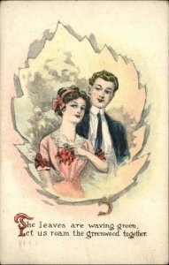 Romance Handsome Couple Young Man and Woman Leaf Border c1910 Postcard