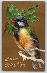 1908 Christmas Wishes Bird And Holly Berries Embossed Oceanic NJ Posted Postcard