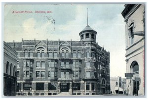 Oshkosh Wisconsin WI Postcard Athearn Hotel Building 1908 Posted Antique